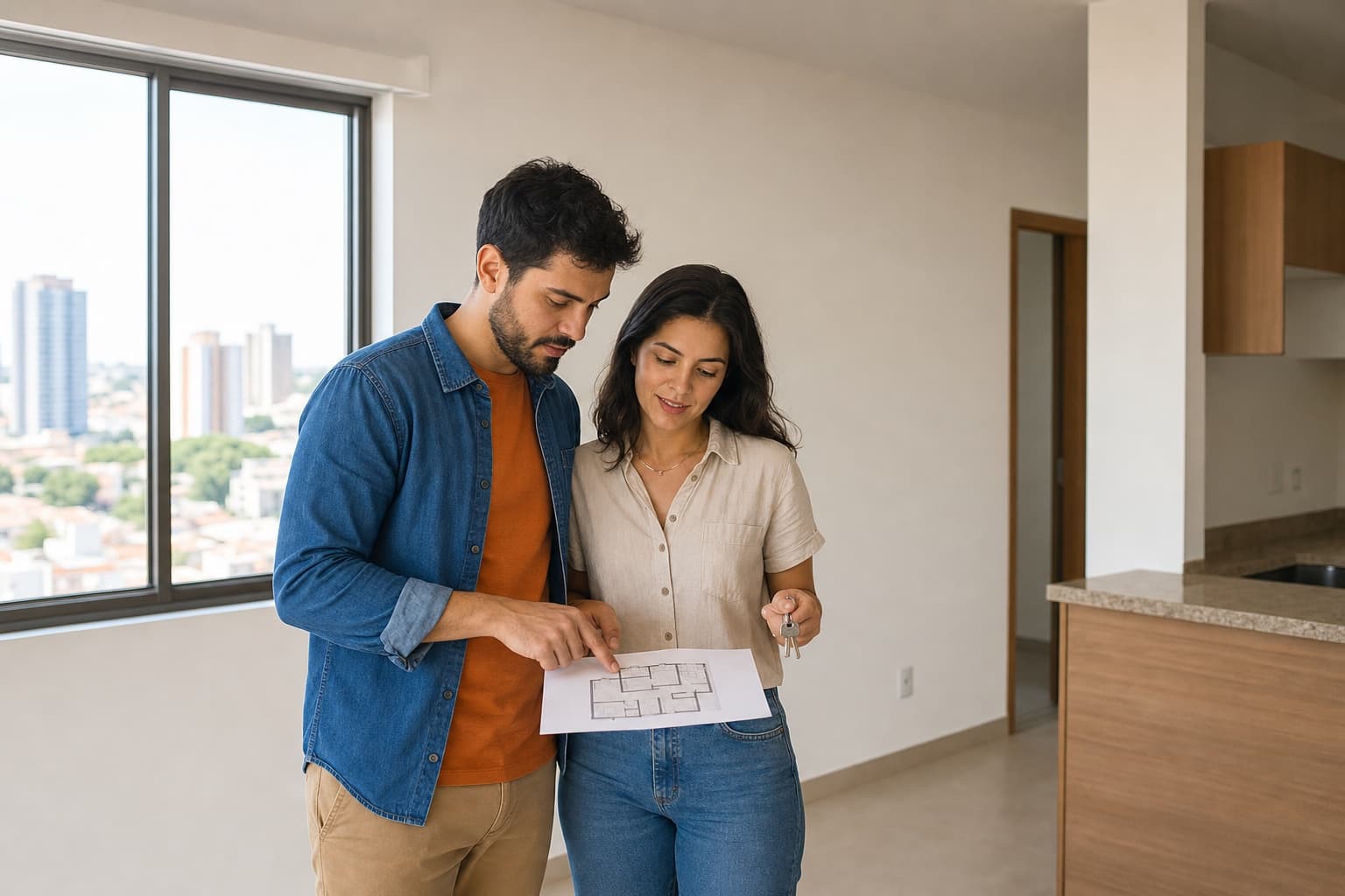 Casal avalia a planta de um apartamento durante uma visita.