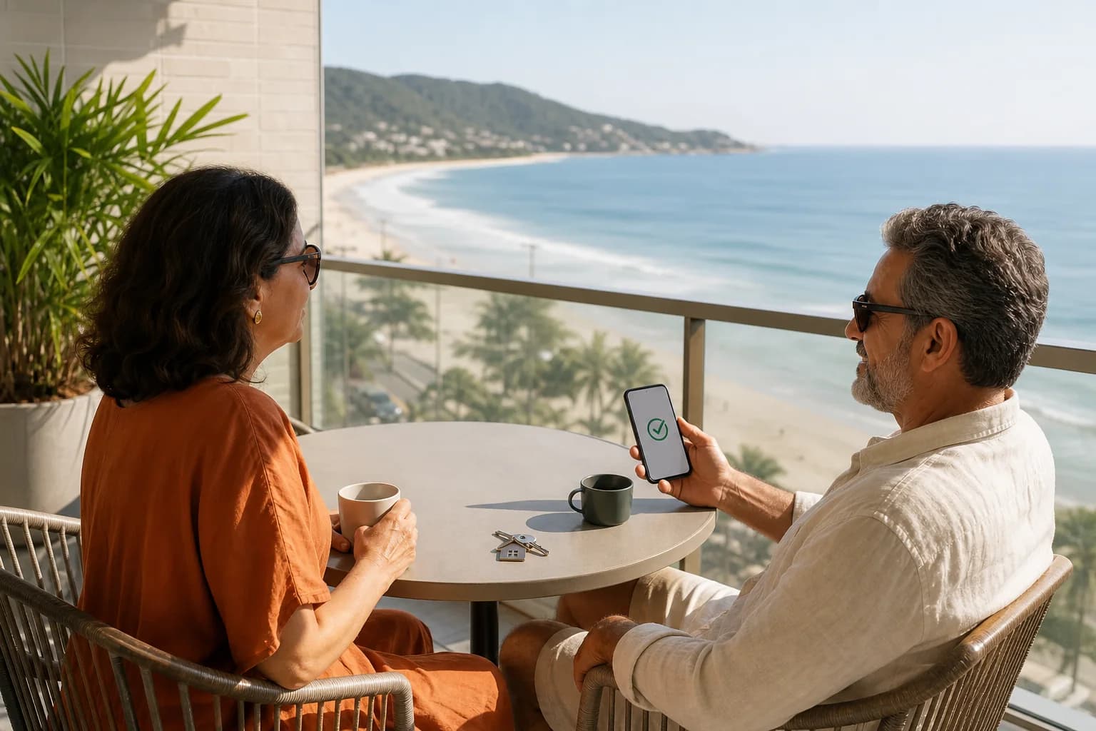 Casal aproveita uma manhã diante do mar enquanto confere o celular, com as chaves do imóvel sobre a mesa.